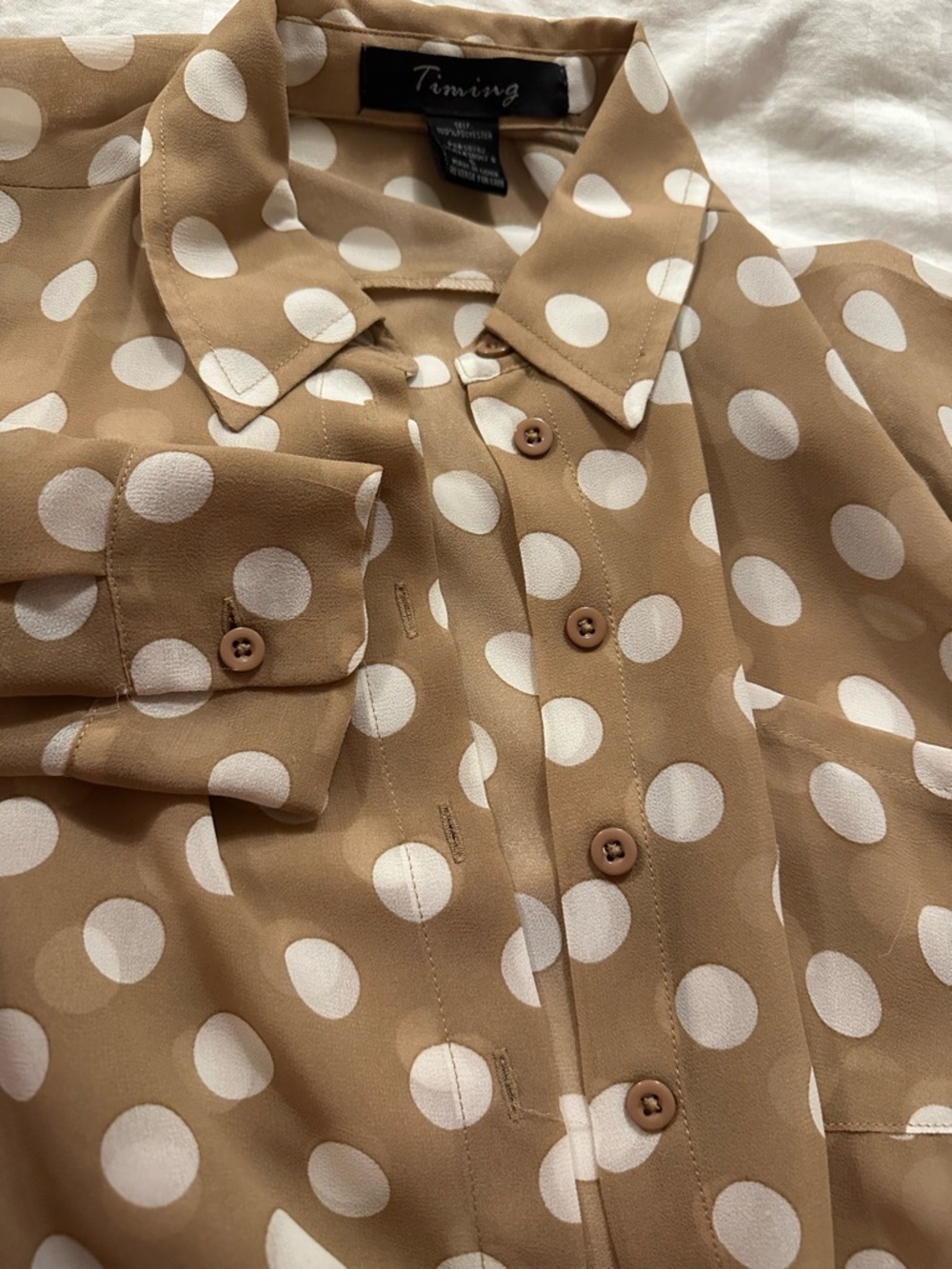 Timing Tan Button-Down Shirt with White Polka Dots